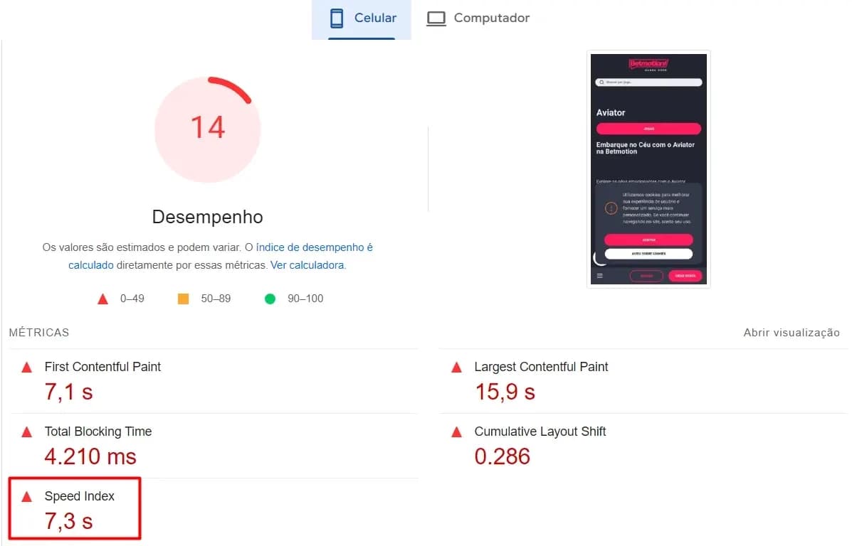 velocidade de carregamento do site da betmotion de 7,3 segundos no celular