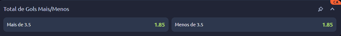 exemplo de partida mostrando mais de 3.5 gols com odd 1.85 e menos de 3.5 com odd 1.85