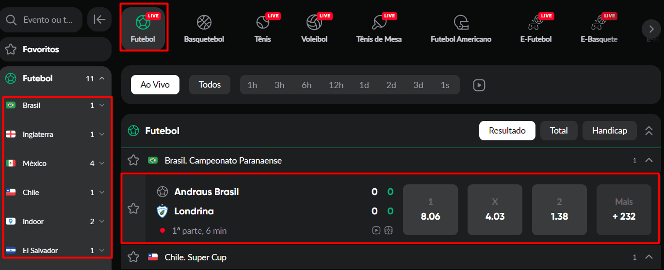 tela de casa de apostas com jogo de futebol