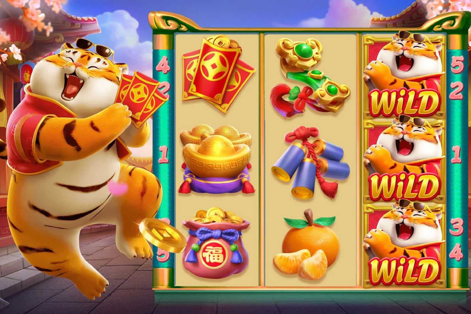 A imagem mostra o Jogo do Tigrinho (Fortune Tiger) durante uma rodada.