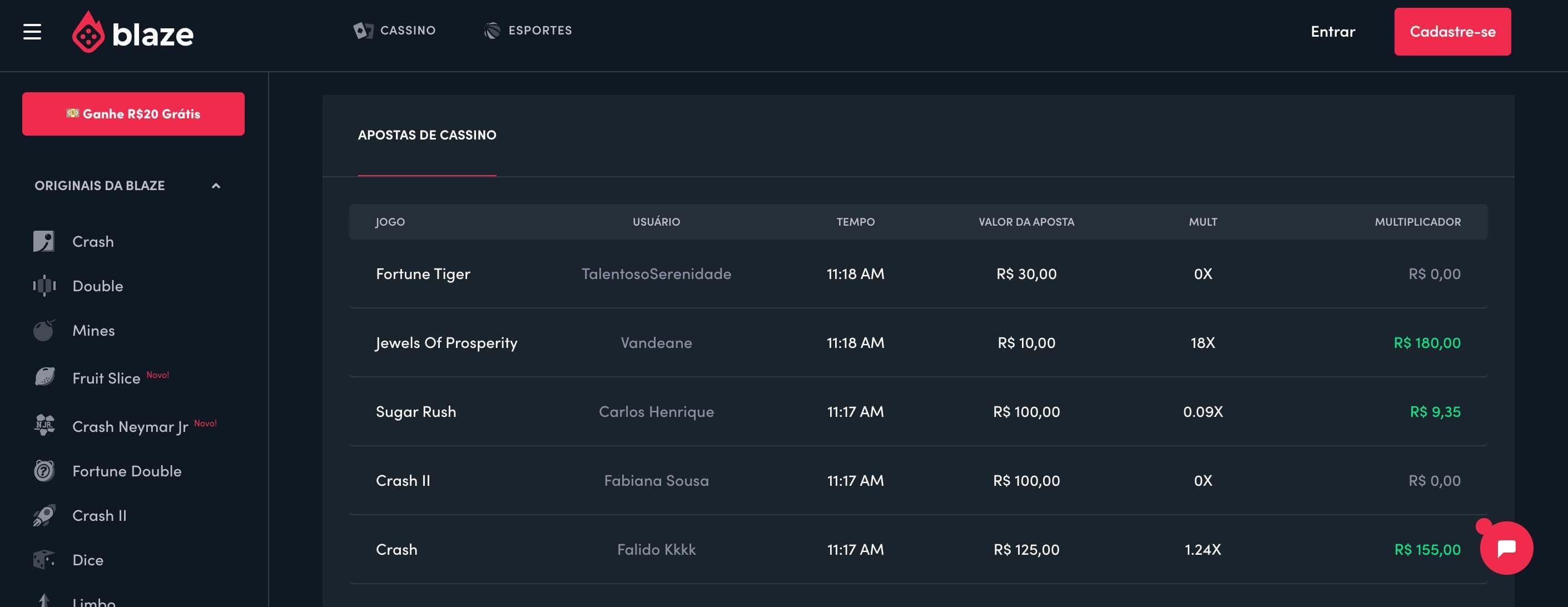 Captura de tela do site da blaze