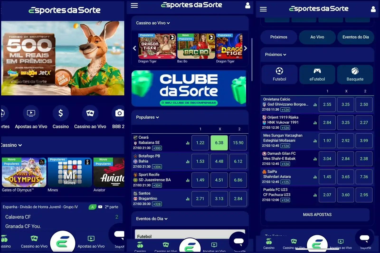 página inicial da esportes da sorte em três telas no celular