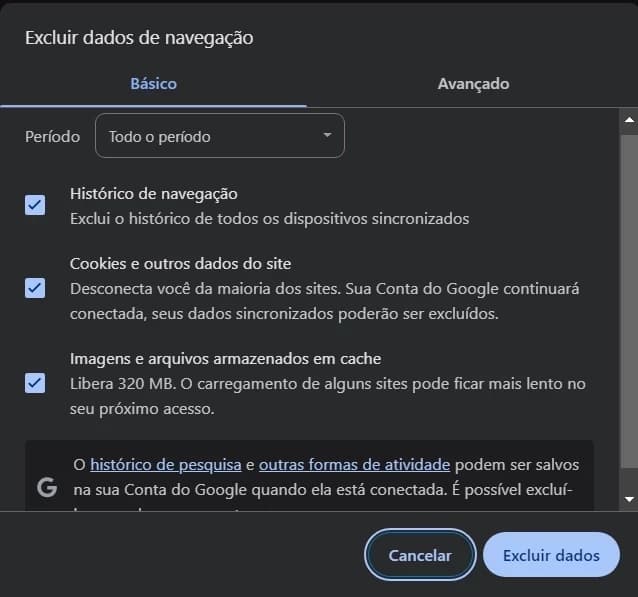 tela de limpar dados de navegaçao da bet365