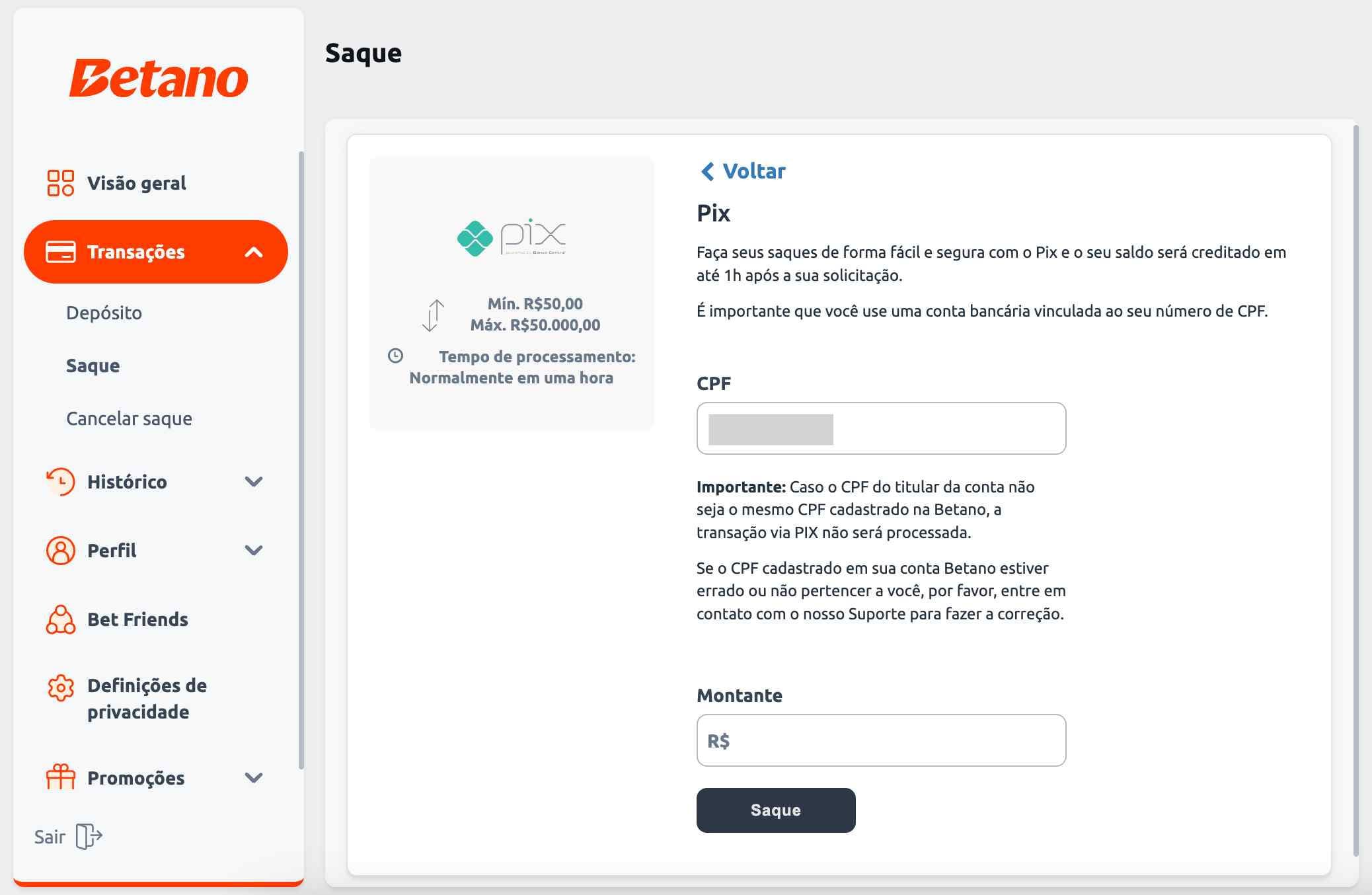 pedir saque na betano