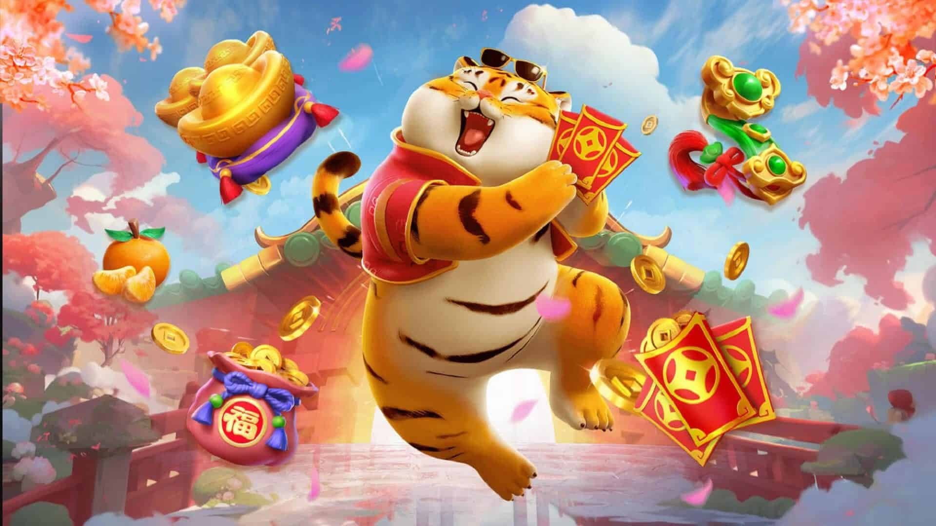 A imagem é um wallpaper do Fortune Tiger, o famoso Jogo do Tigrinho, slot popular no Brasil.